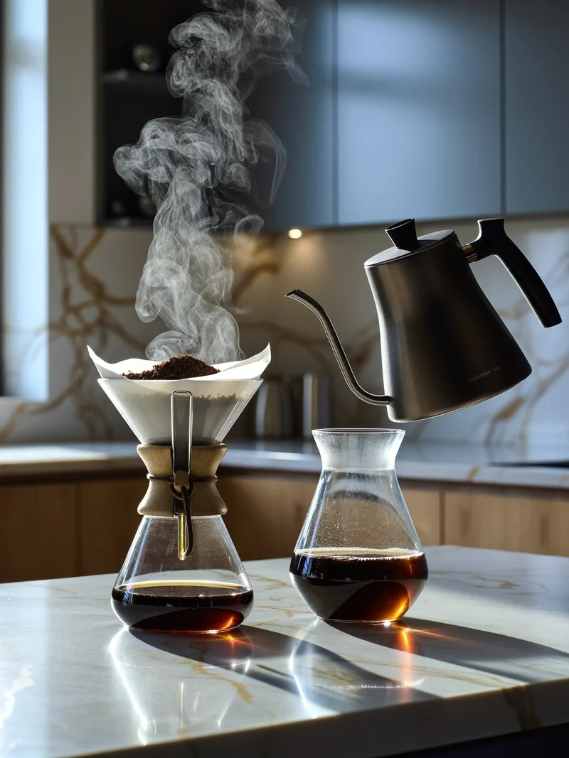 Szklany zaparzacz i czajnik z długim dziobkiem podczas parzenia kawy pour over